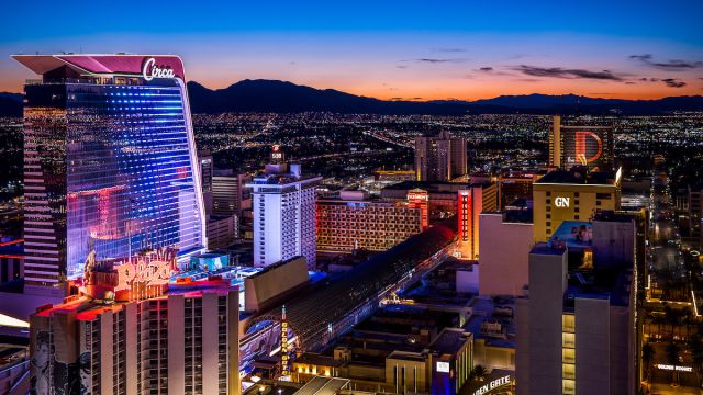 Appreciate the stunning view of Downtown Las Vegas at dusk.
