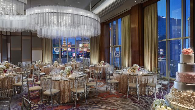 A themed wedding that has been set up at the Waldorf Astoria Las Vegas.