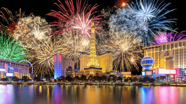 Stunning fireworks above the Las Vegas Strip at night.