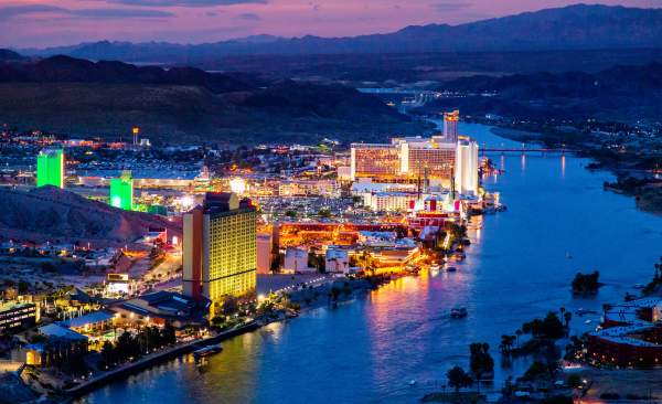 Aerial shot of Laughlin, NV at night