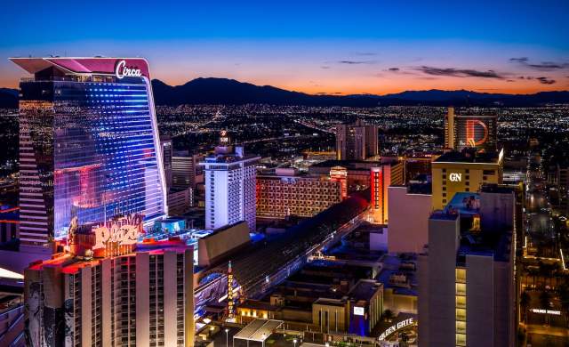 Aerial view of the Las Vegas Strip with Circa Casino Resort.