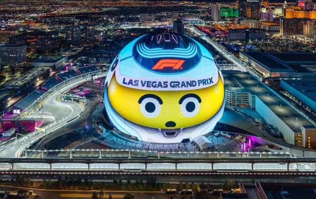 Aerial view of Sphere at F1 Las Vegas GP. PHOTO CREDIT MAVERICK HELICOPTERS