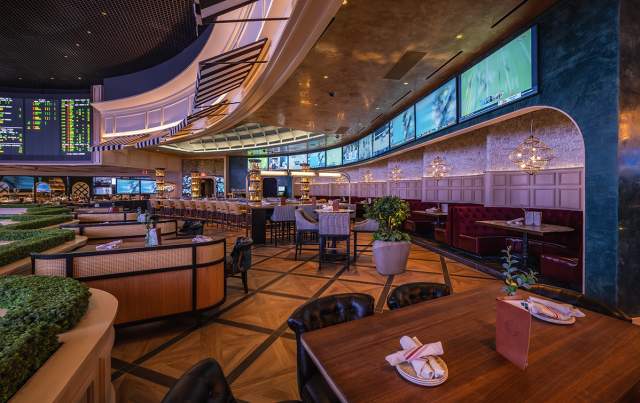 View of The George Sportsmen's Lounge dining and sportsbook area.