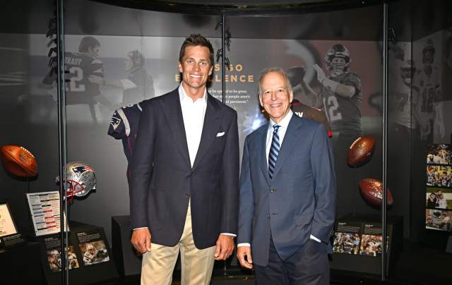 Tom Brady and Jim Gray attend the Press Conference for the Hall of Excellence Opening at Fontainebleau Las Vegas