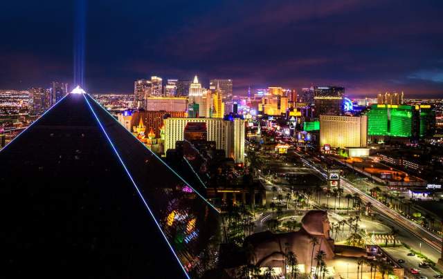 Take a look at this stunning view of the one and only Las Vegas strip during the evening with a focus on The Luxor.