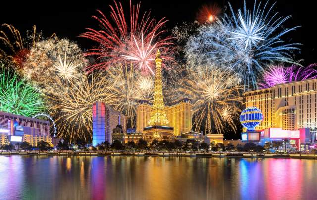 Stunning fireworks above the Las Vegas Strip at night.