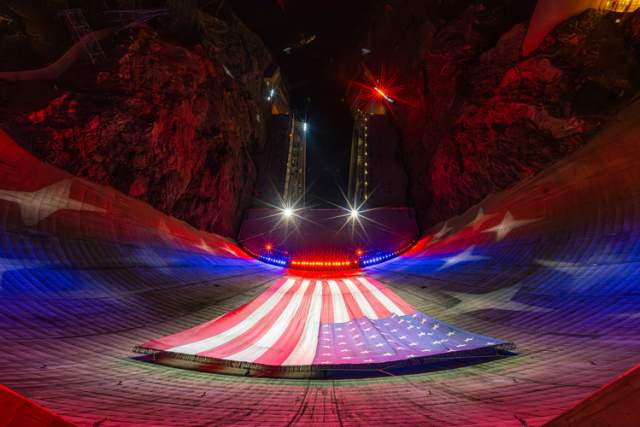Lifted Hoover Dam USA Flag top view