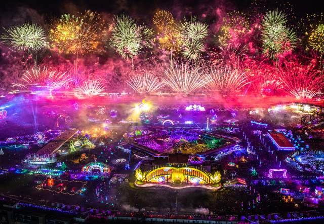 Aerial of EDC with fireworks