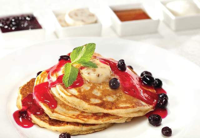 Pancakes with blueberry syrup from Pantry at the Mirage in Las Vegas, Nevada