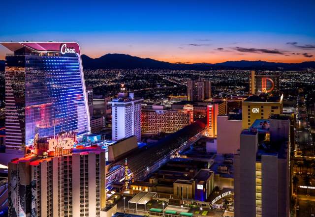 Aerial view of the Las Vegas Strip with Circa Casino Resort.