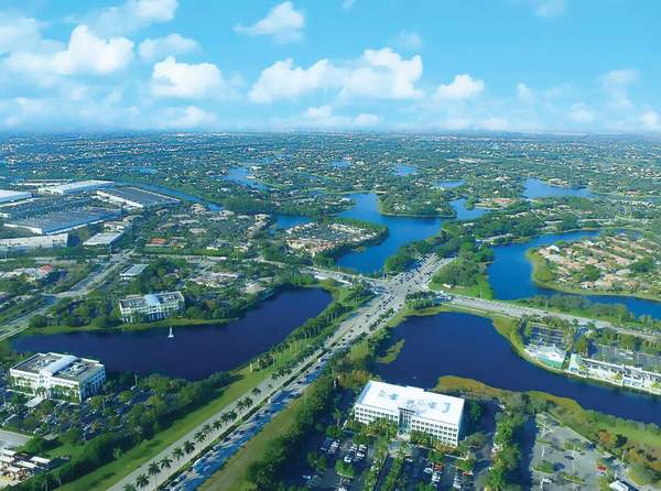 Aerial view of the ocean and city of Weston, FL