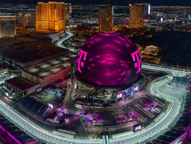 Aerial view of the F1 race track and Sphere with T-Mobile display in Las Vegas.