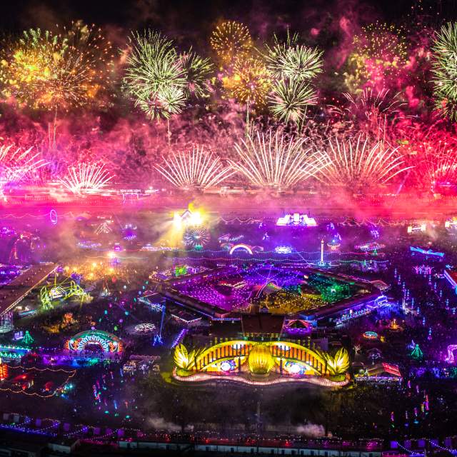 Aerial of EDC with fireworks