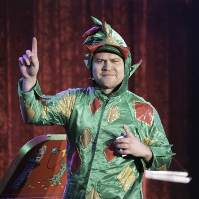 Piff the Magic Dragon in his colorful costume.