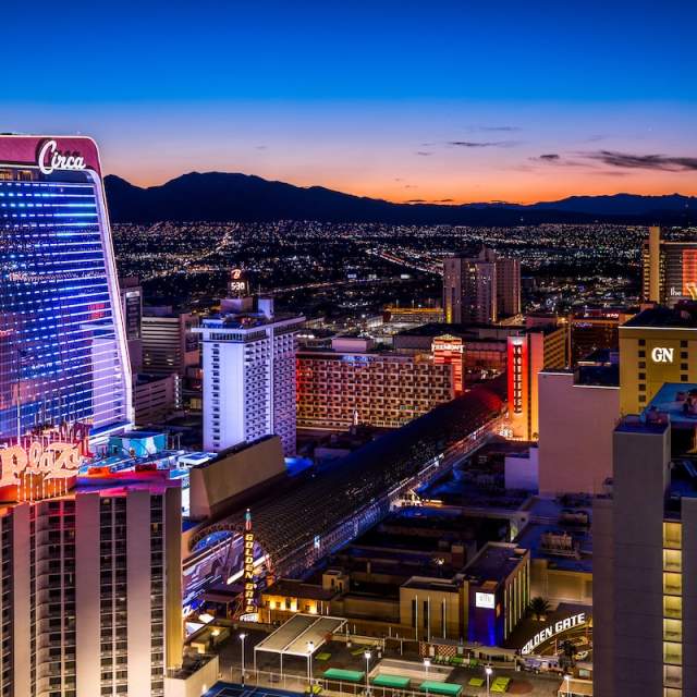 Aerial view of the Las Vegas Strip with Circa Casino Resort.