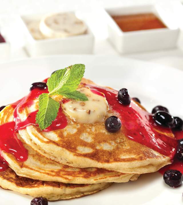 Pancakes with blueberry syrup from Pantry at the Mirage in Las Vegas, Nevada