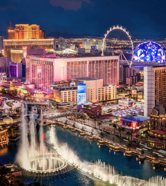 The Las Vegas strip at sunset.