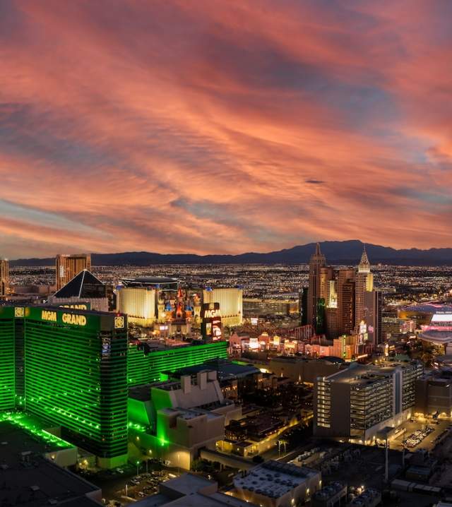 Sky view of strip properties showcasing MGM Grand