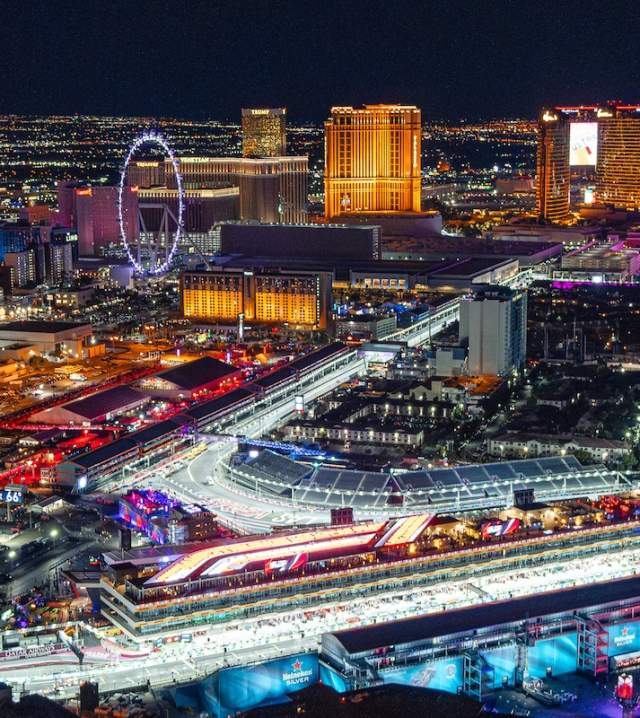 Aerial view of the F1 Las Vegas Grand Prix track with Sphere in background. PHOTO CREDIT MAVERICK HELICOPTERS