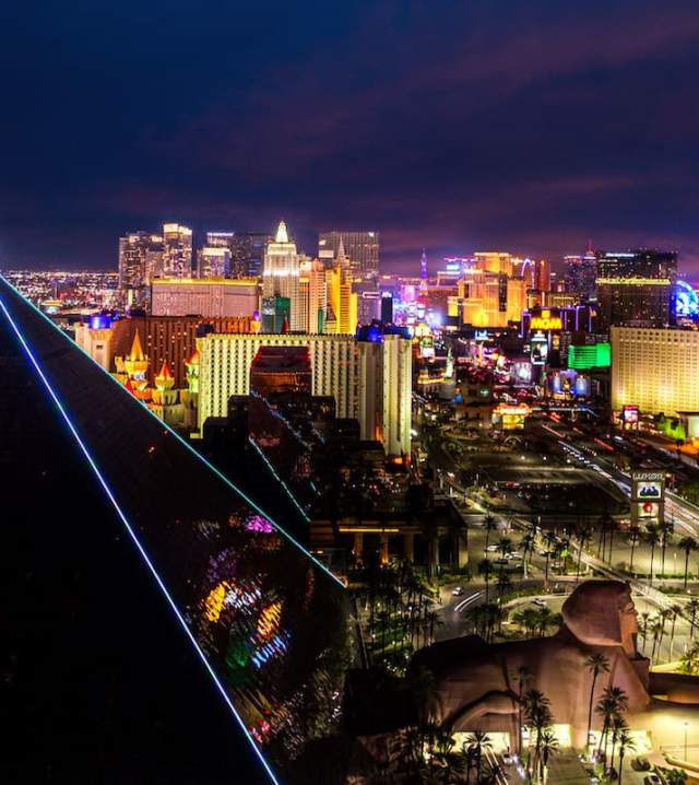 Take a look at this stunning view of the one and only Las Vegas strip during the evening with a focus on The Luxor.