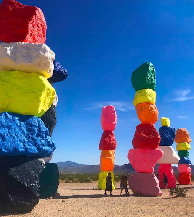 Stop by these beautiful and stunning stacked neon painted boulders at Seven Magic Mountains.
