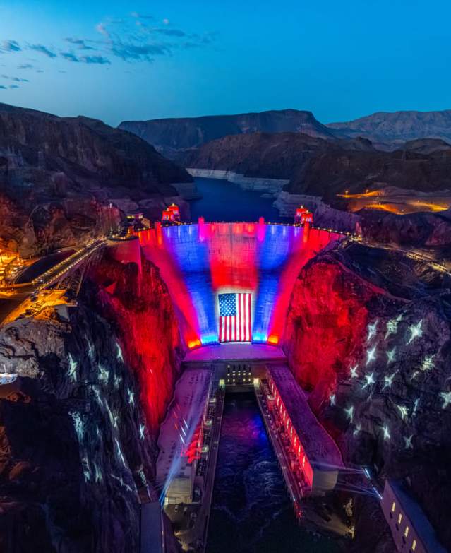 Hoover Dam USA Flag Day Night wide