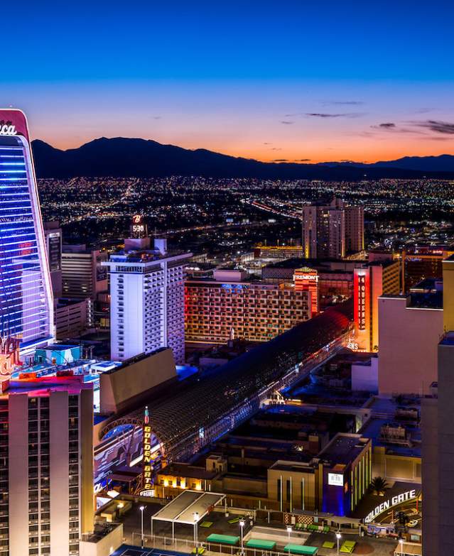 Appreciate the stunning view of Downtown Las Vegas at dusk.