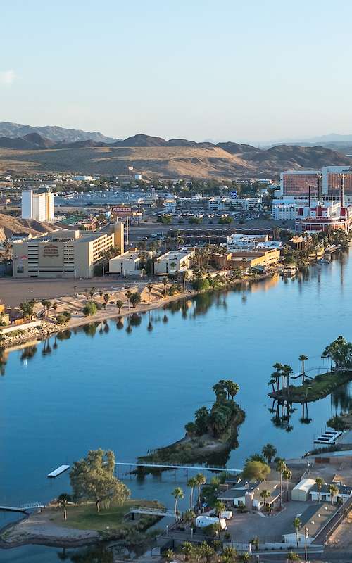 An aerial view of resorts along the stunning Colorado River in Laughlin.