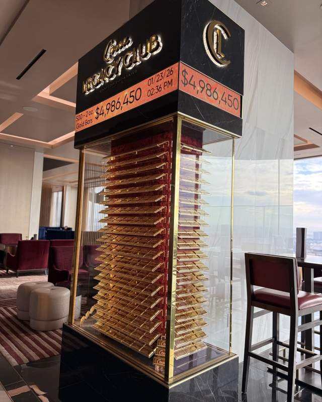 This tower of 500 two-oz. gold bars in Circa's Legacy Club is worth the price you see on the ticker in USD today—but you'd spend more than $6.8m CAD to buy it.