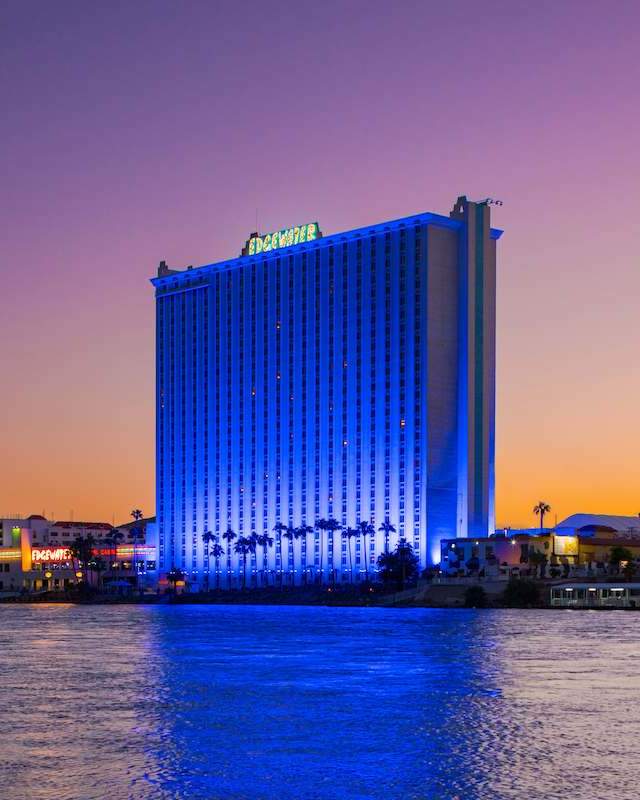 A stunning view of the Edgewater Casino Resort at night located in the beautiful Laughlin, Nevada.
