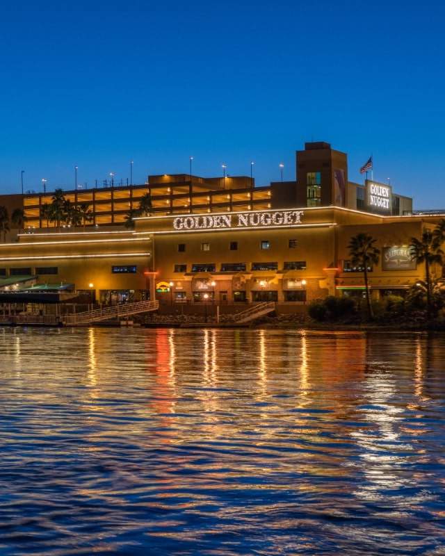A gorgeous view of the Golden Nugget in Laughlin overlooking the water.
