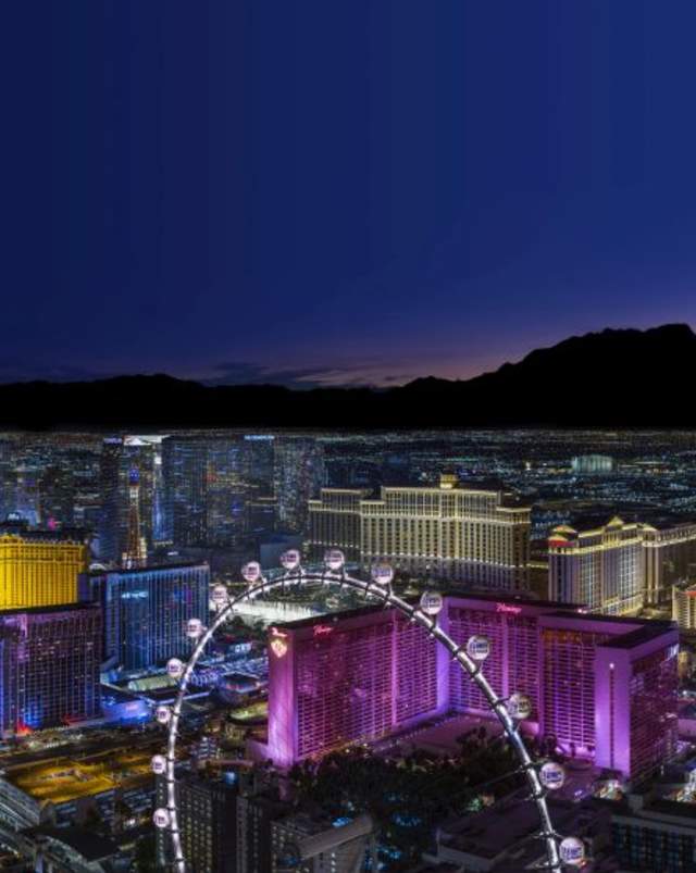 An aerial shot of the Las Vegas Strip at night.