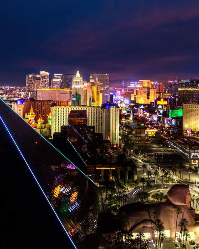 Take a look at this stunning view of the one and only Las Vegas strip during the evening with a focus on The Luxor.