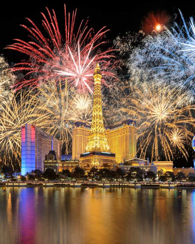 Stunning fireworks above the Las Vegas Strip at night.