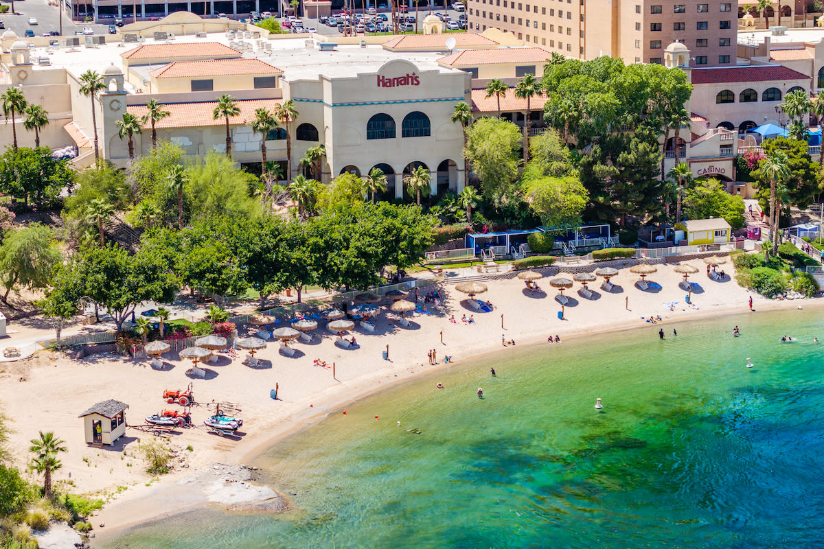 A stunning areal shot of the beach front at Harrah's Laughlin.