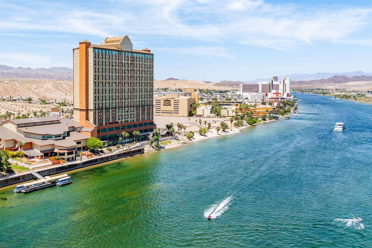 A view of the Laughlin River Lodge Hotel & Casino with the Colorado River in front.