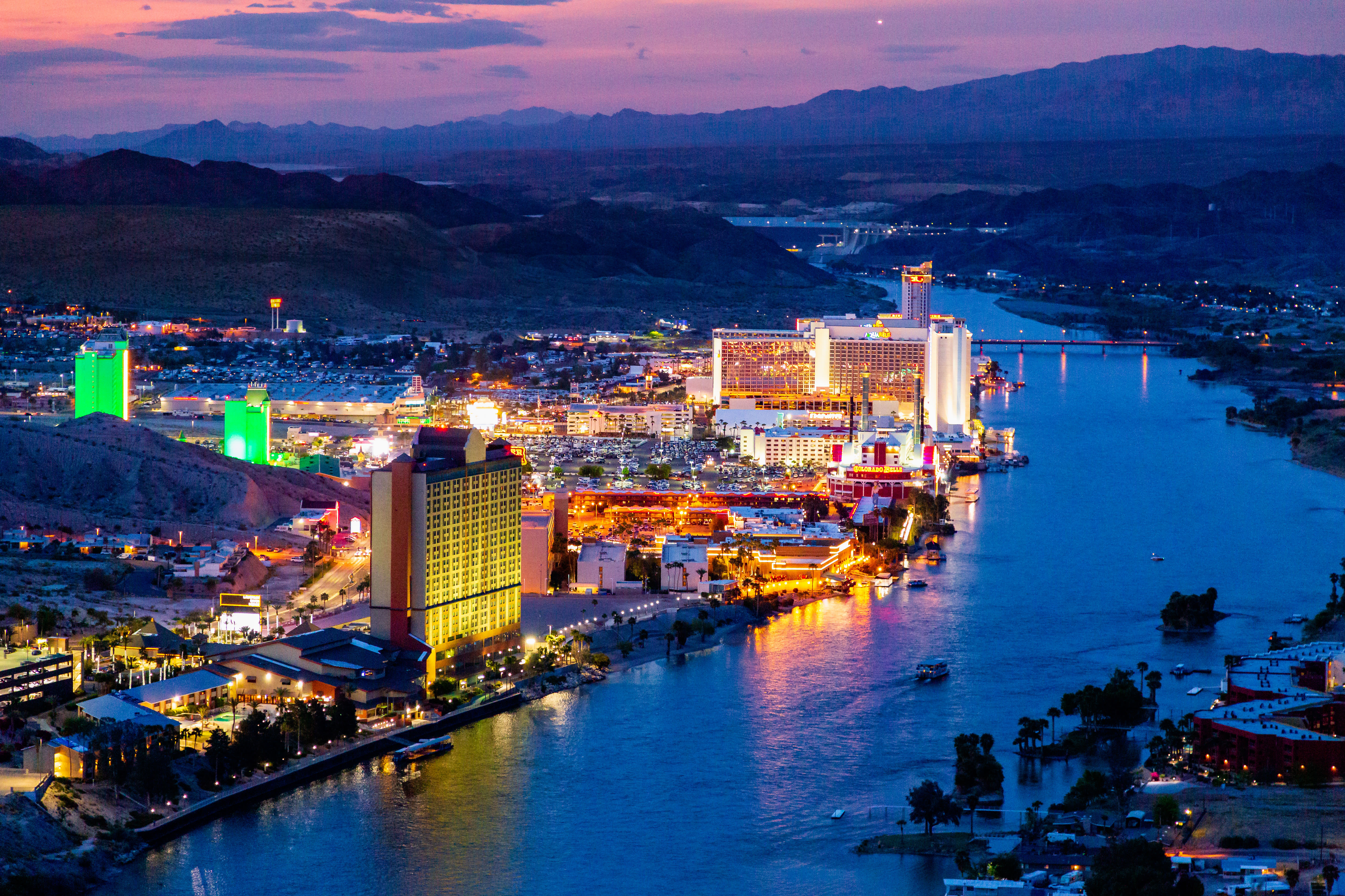 Aerial shot of Laughlin, NV at night