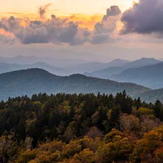 Sunset at Cowee Mountains overlook with early fall color (2018)