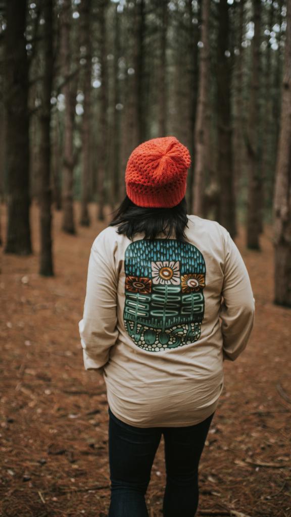 Wearing a Woosah shirt for a fall hike in Grand Rapids.