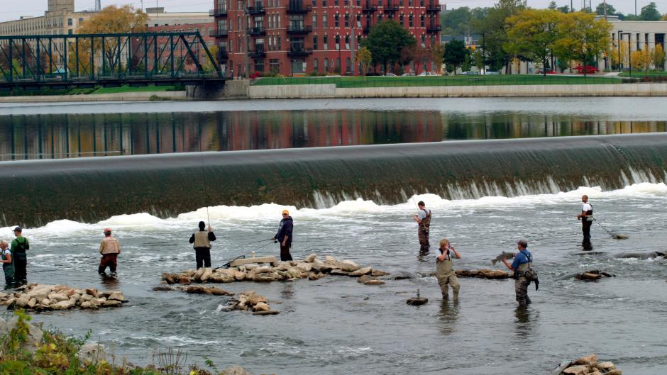 Fishing along the Grand River at the Sixth Street Dam.