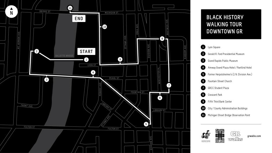 This handy map of the Black History Tour of Downtown Grand Rapids shows all 11 stops.