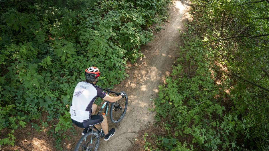 Mountain biker riding through trail in West Michigan