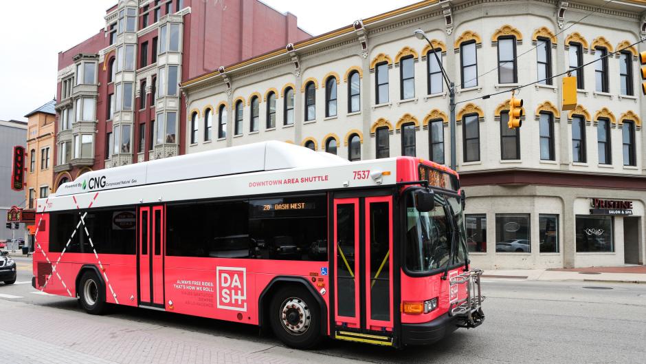 Red bus of Grand Rapids' downtown area shuttle (DASH)