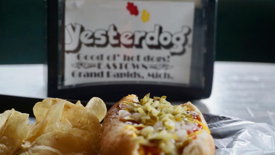 Hot dog and chips at Yesterdog in Grand Rapids
