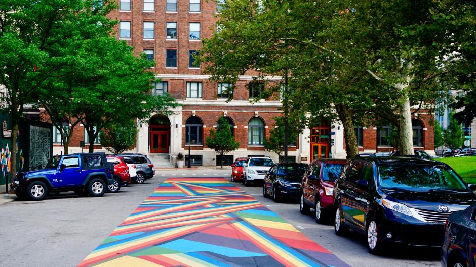 The Rainbow Road street mural on Sheldon Ave NE in Grand Rapids.