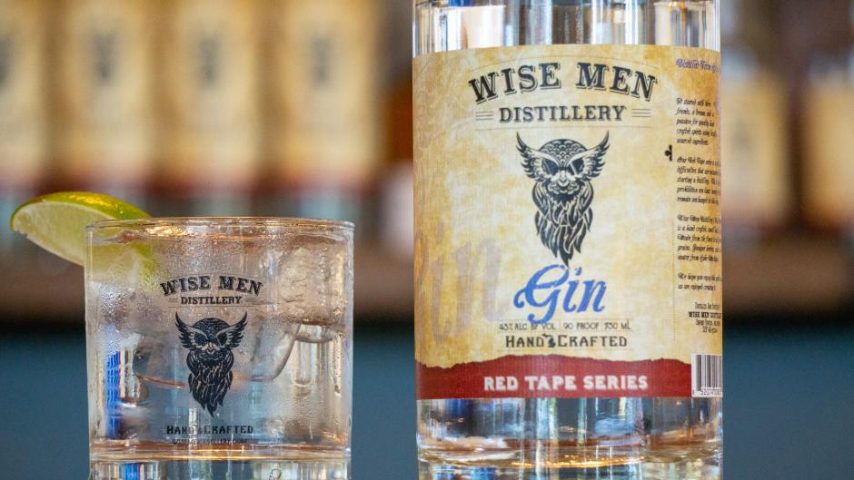 Wise Men Distillery Gin & Tonic and gin bottle in Grand Rapids, MI.