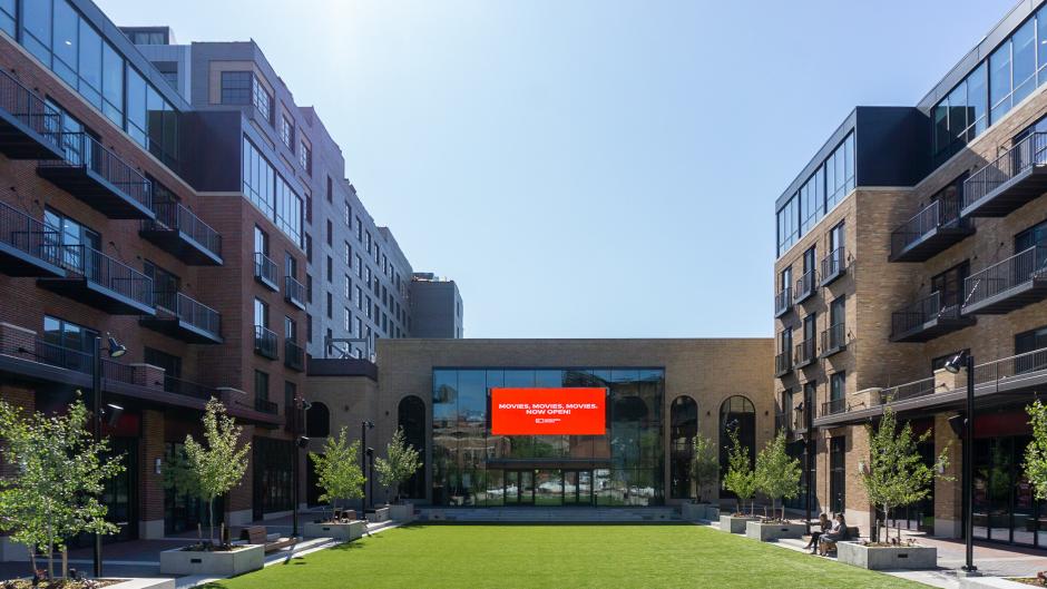 Studio Park's outdoor piazza on a cloudless, sunny day.
