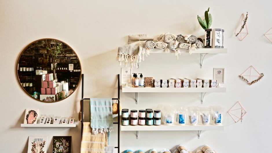 A wall display of wares for sale at Fox Naturals in Grand Rapids