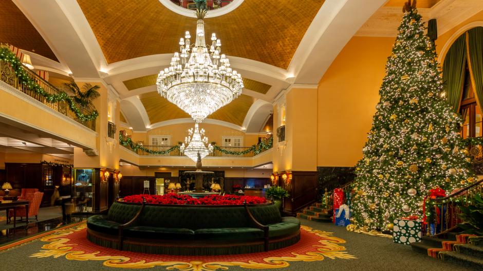 Amway Grand Plaza lobby with a large decorated Christmas tree.
