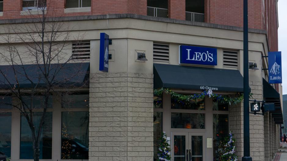 Holiday decorations outside Leo's in downtown Grand Rapids.